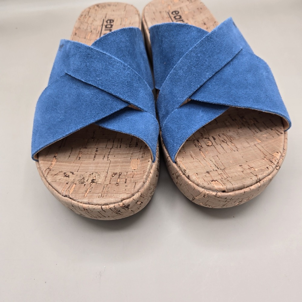 Earth Scout Blue Suede Slip On 8.5 M Sandals Cork Chunky Comfort Boho Minimal - Picture 4 of 7